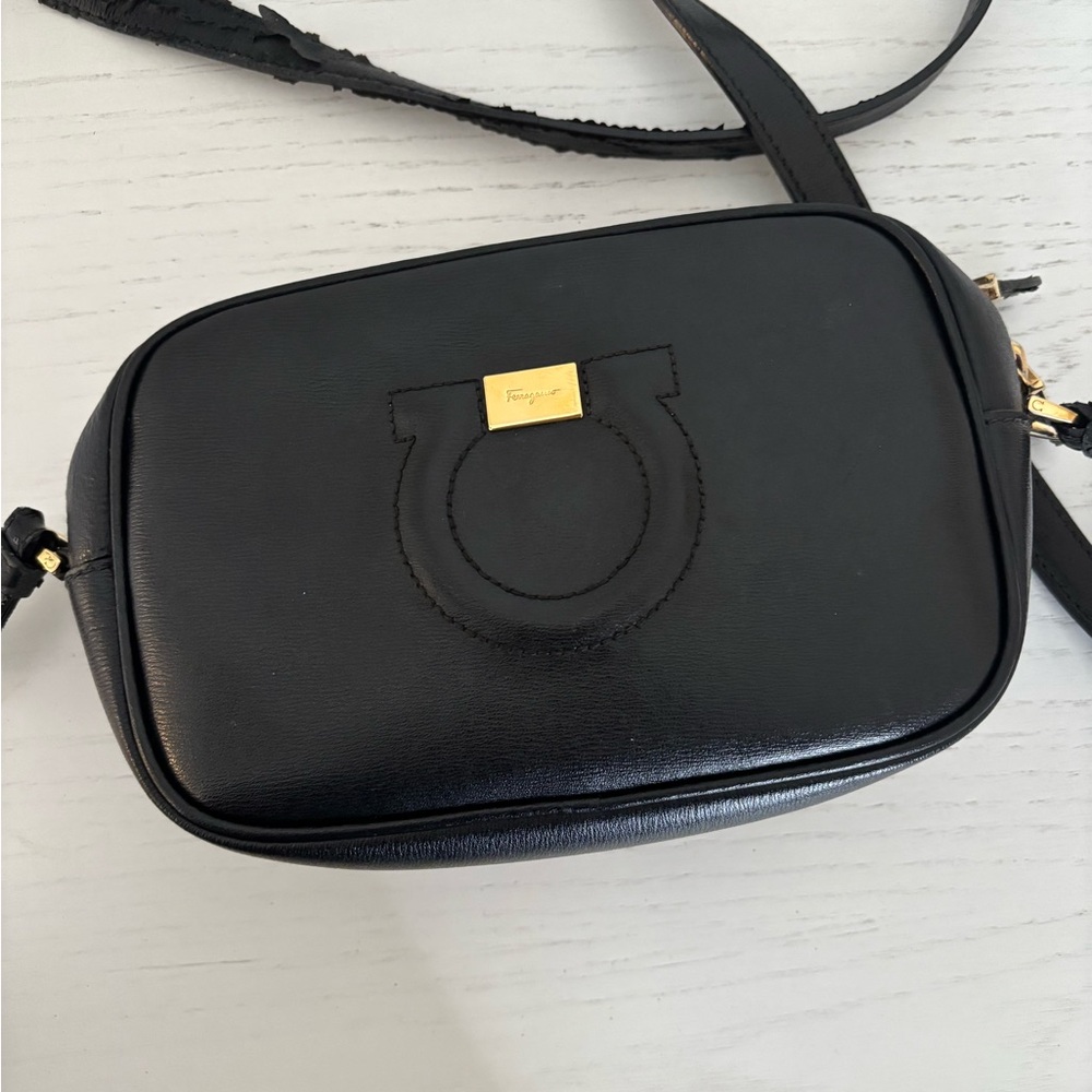 Salvatore Ferragamo Black Leather Crossbody Camera Bag with Gold Plaque